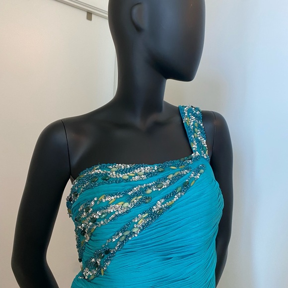 One-shoulder Turquoise short dress - Picture 4 of 7